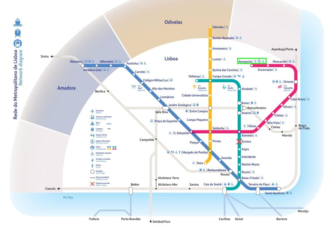 リスボン空港市内のメトロ地図